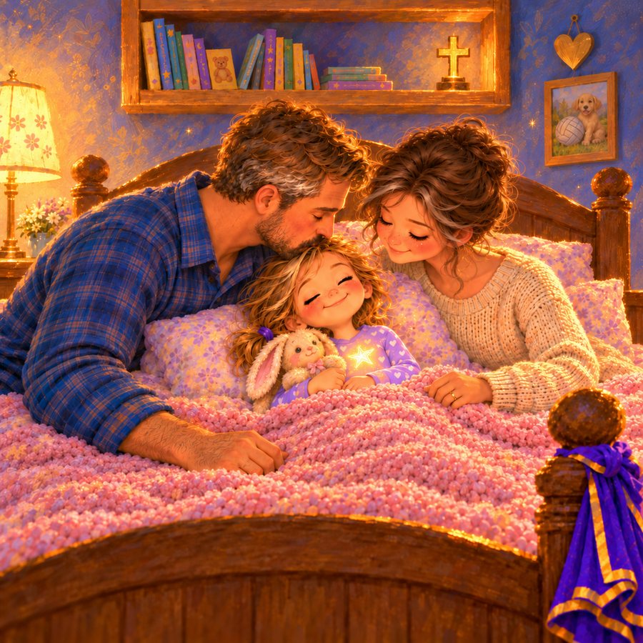 Her parents kiss her goodnight as she drifts off holding her bunny.